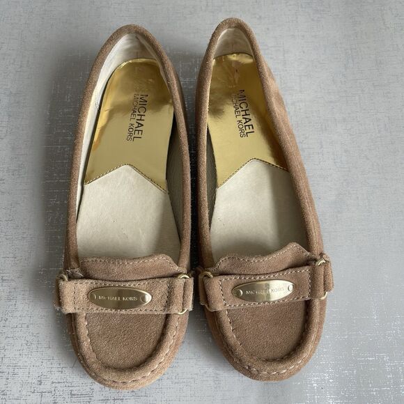 Michael Kors Suede Driving Moc Leather Shoes Flats Loafers Women's Size 7 M Tan - Picture 1 of 12